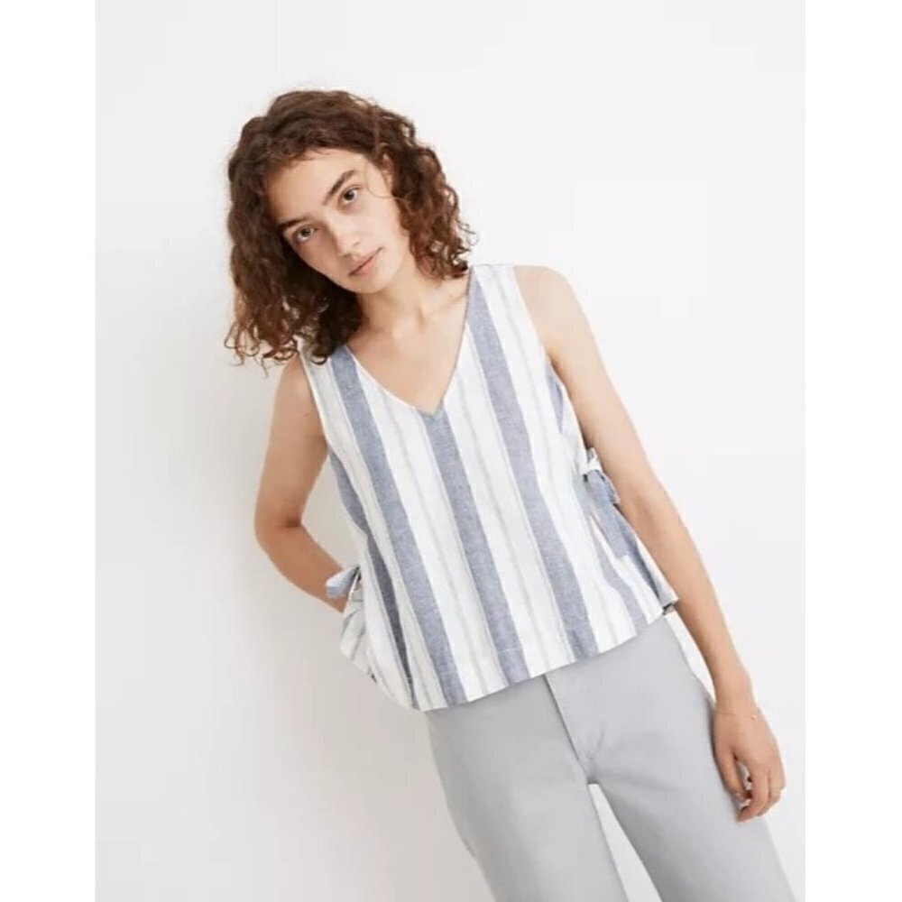 Madewell Linen Blend Side Tie Blue & White Stripe Tank Top XS